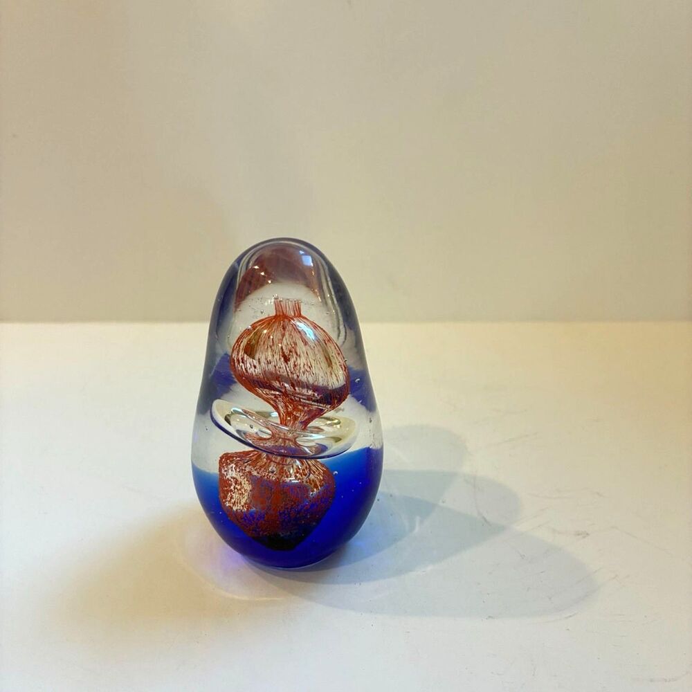 Vintage Art Glass Paperweight, Blue & Red Hand Blown Glass Sculpture